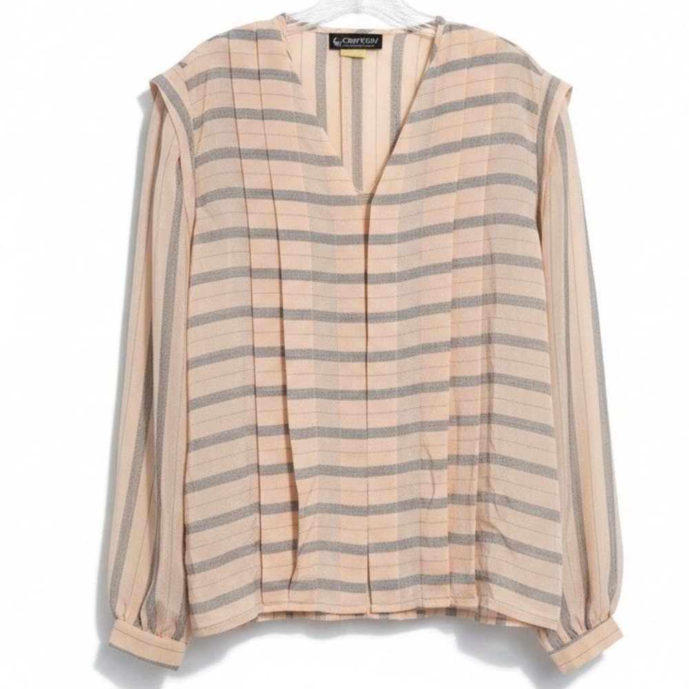 Sophisticates Jonathan Martin Striped V-Neck Pleated Blouse Peach Grey Women's M